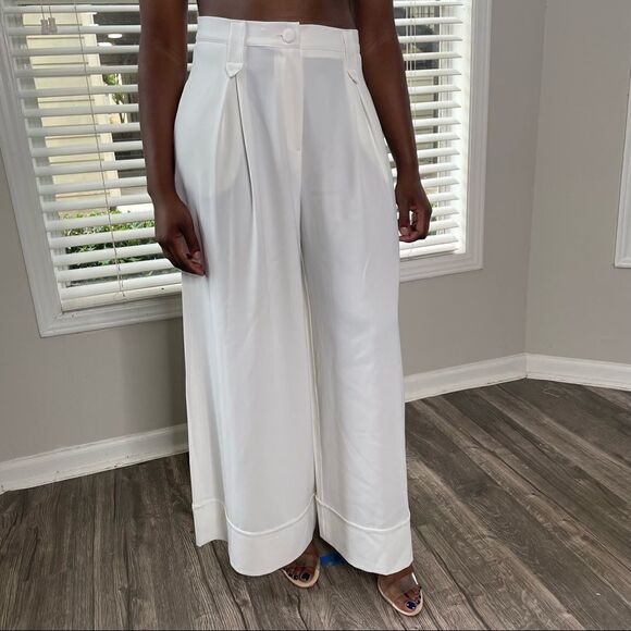 Revolve Babylon Collection Wide Leg Cuffed Trouser Pants in White Cream - Picture 4 of 11